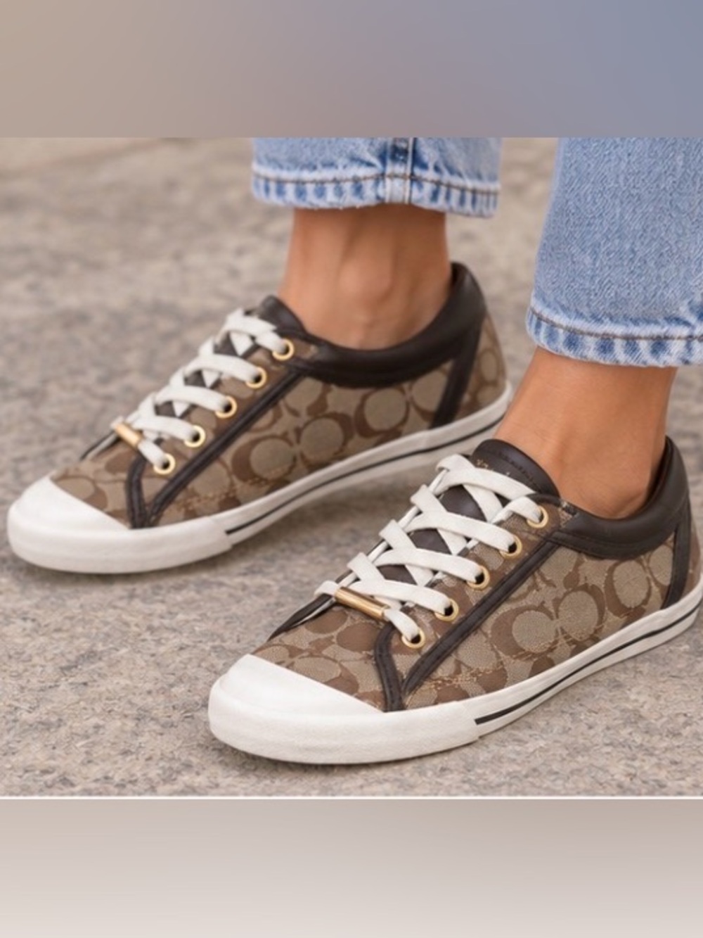 Coach Francesca Signature C Canvas Sneakers Brown Tan Low Top Shoe Sz 9B